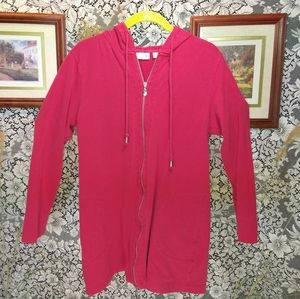Sport Savvy red trench length hooded zipper jacket lightweight with cell pockets